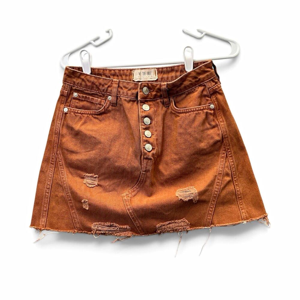 We The Free Brown Denim Mini Skirt Button Front Distressed High Rise Pockets 27